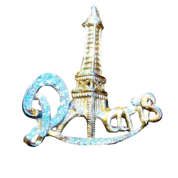 Vintage Paris gold tone & clear rhinestones Eiffel Tower pin brooch 1.25 inches - Picture 1 of 4